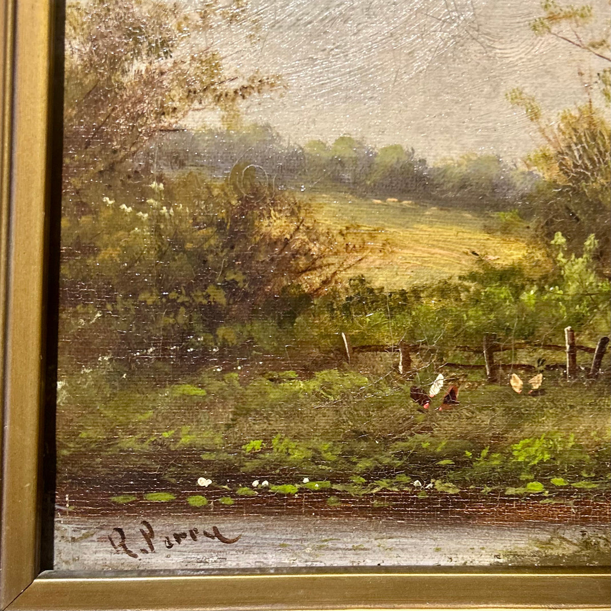 Cottage & Country Fields
Antique English Landscape Oil Painting – Signed R. Percy