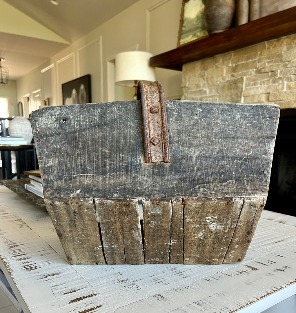 Antique wooden French trug with iron handle