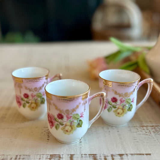Antique P.K. Silesia Prussian Porcelain Chocolate Service with Hand-Painted Roses Circa 1890-1910