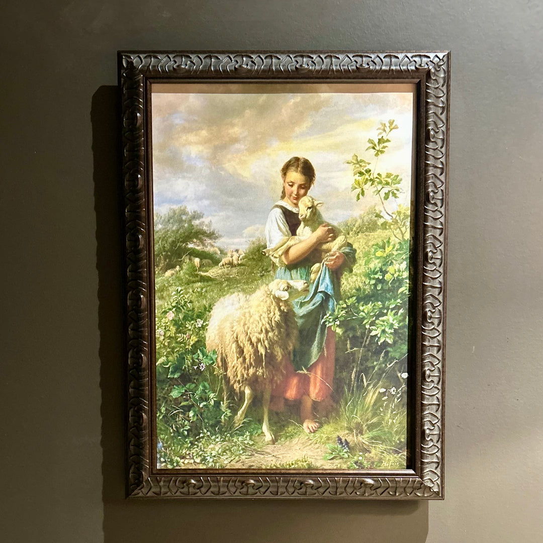 A Girl and Her Sheep in custom ornate wood frame