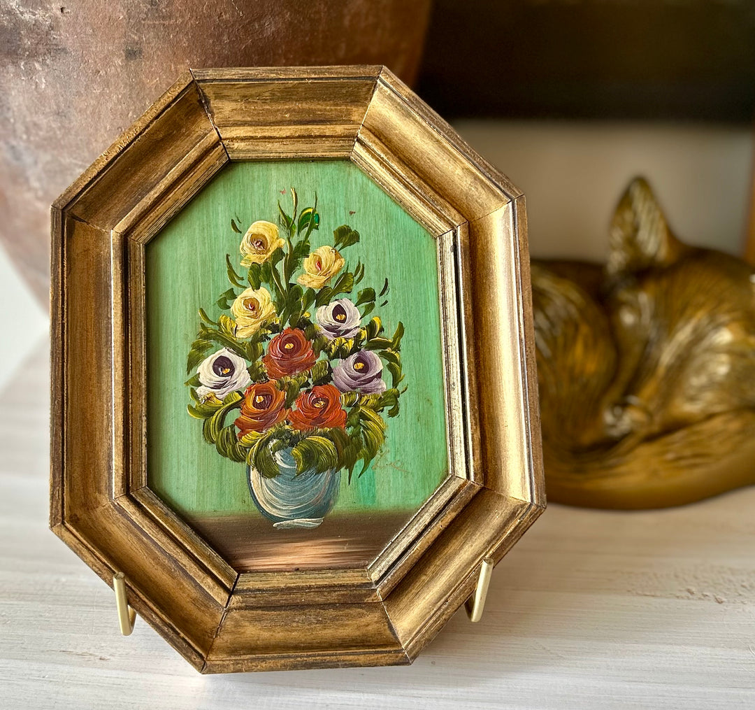 Bouquet sur Vert-French vintage oil on Board