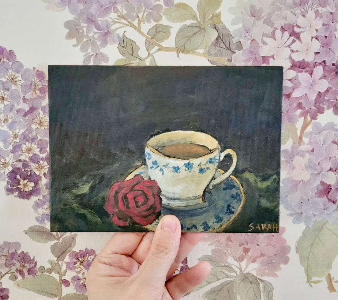 Teacup with rose - Framed original 5x7”