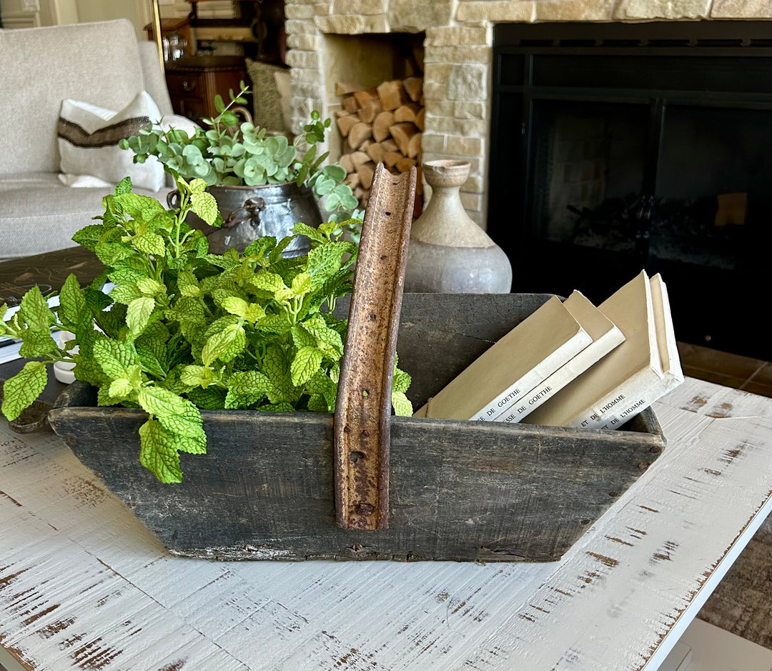 Antique wooden French trug with iron handle
