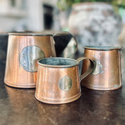 Set of Antique Copper Measuring Jugs with Verification Medallions — Graduated Set of Three