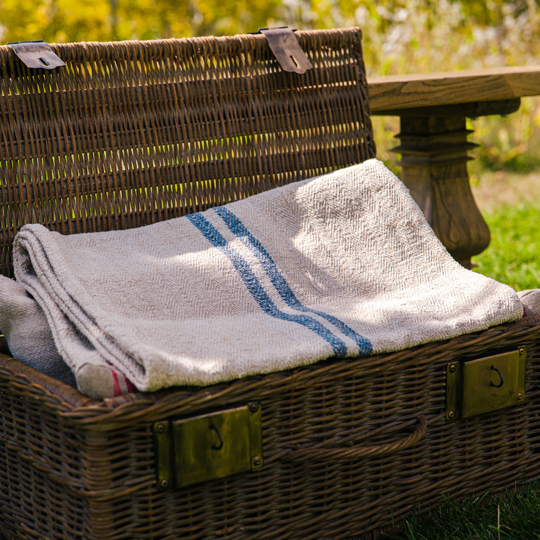 Large French grain sack with traditional blue stripes