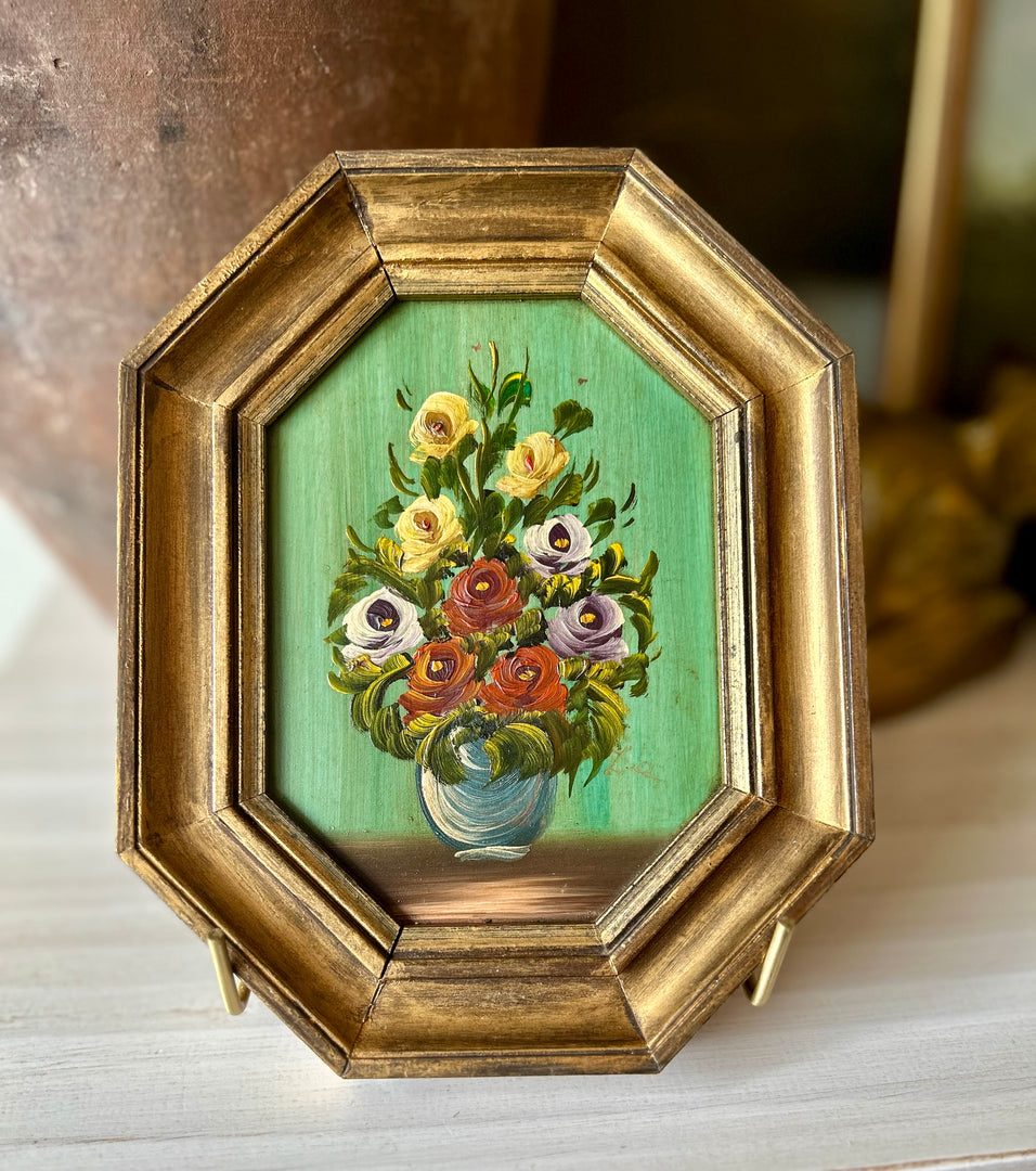 Bouquet sur Vert-French vintage oil on Board