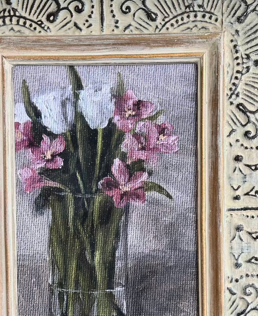 Set of Two Floral Still Life in Ornate Carved Frames