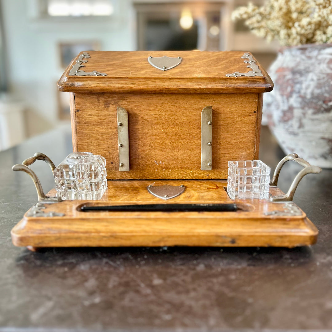 Antique oak writing slope & inkwell set