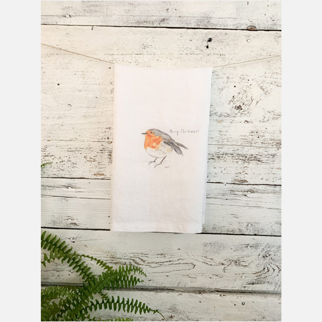 Merry Christmas English robin French linen tea towel