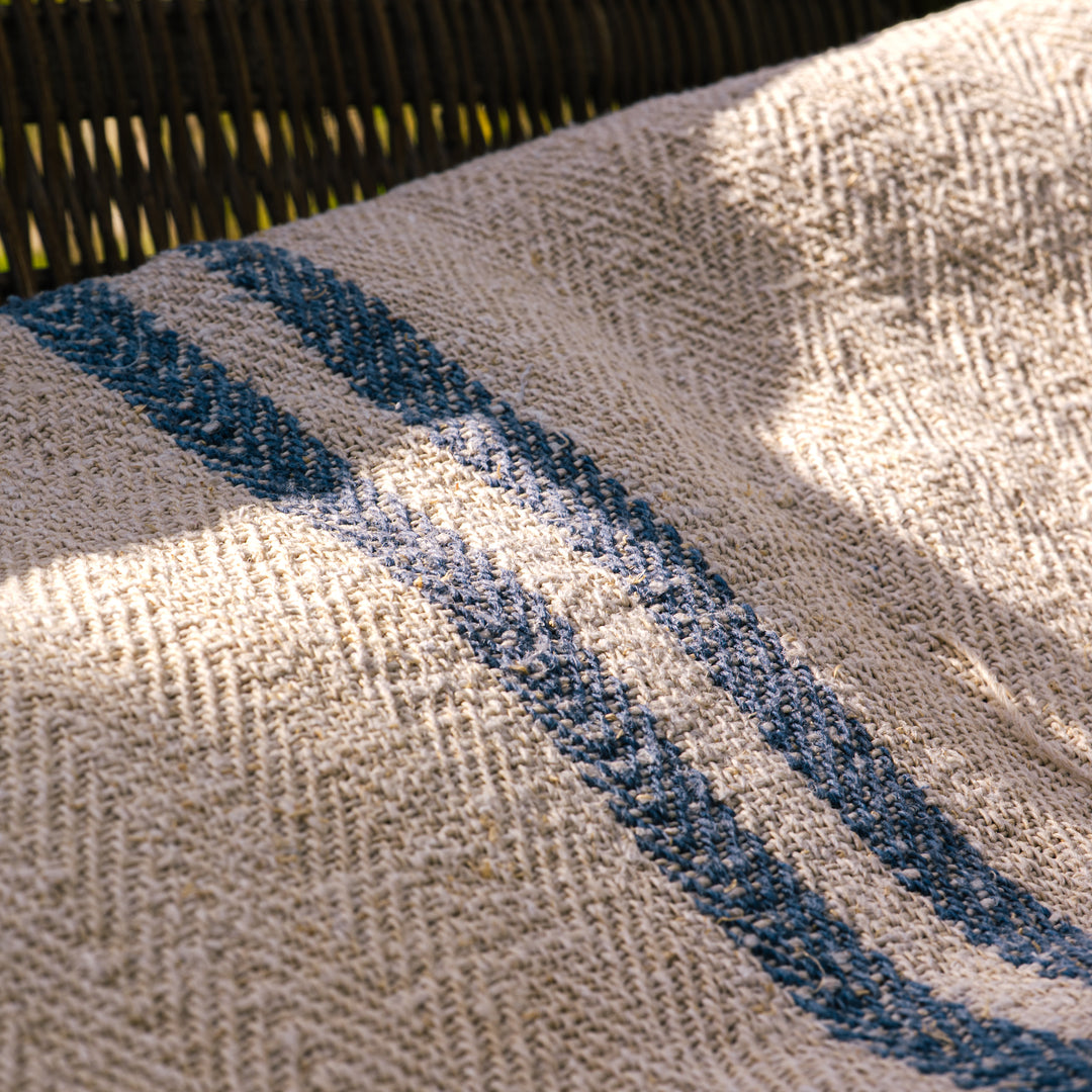 Large French grain sack with traditional blue stripes