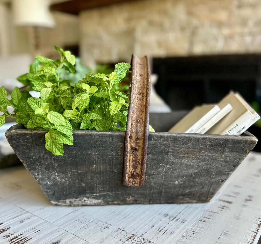 Antique wooden French trug with iron handle