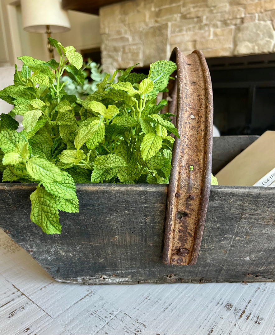 Antique wooden French trug with iron handle