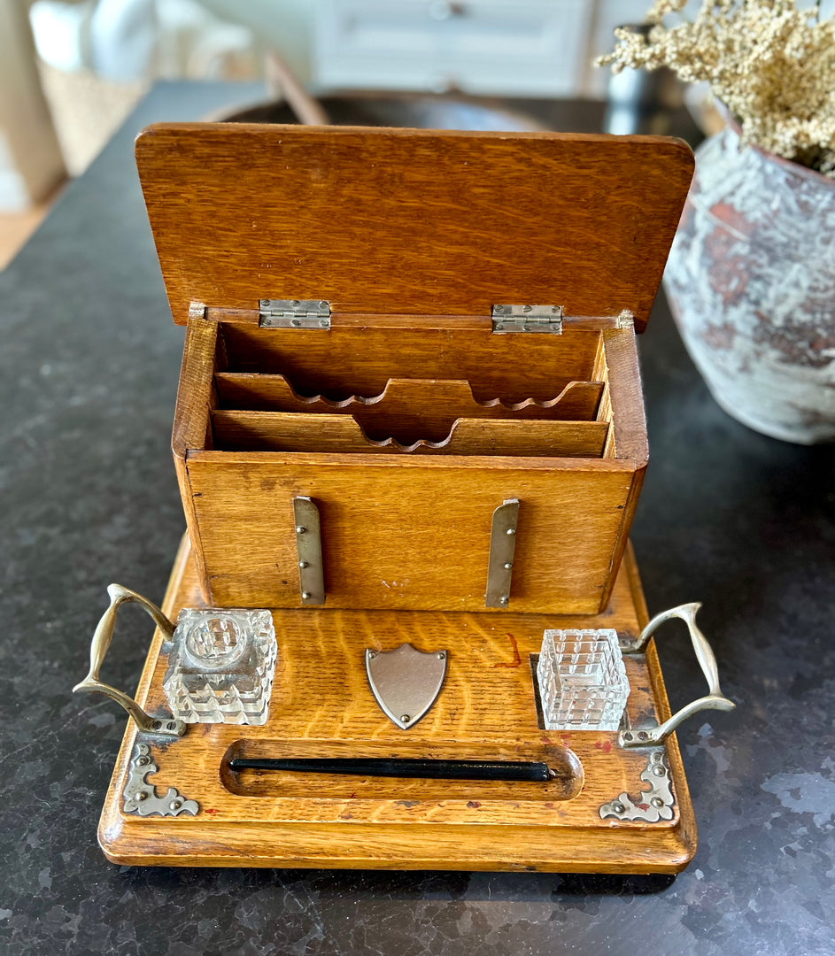 Antique oak writing slope & inkwell set