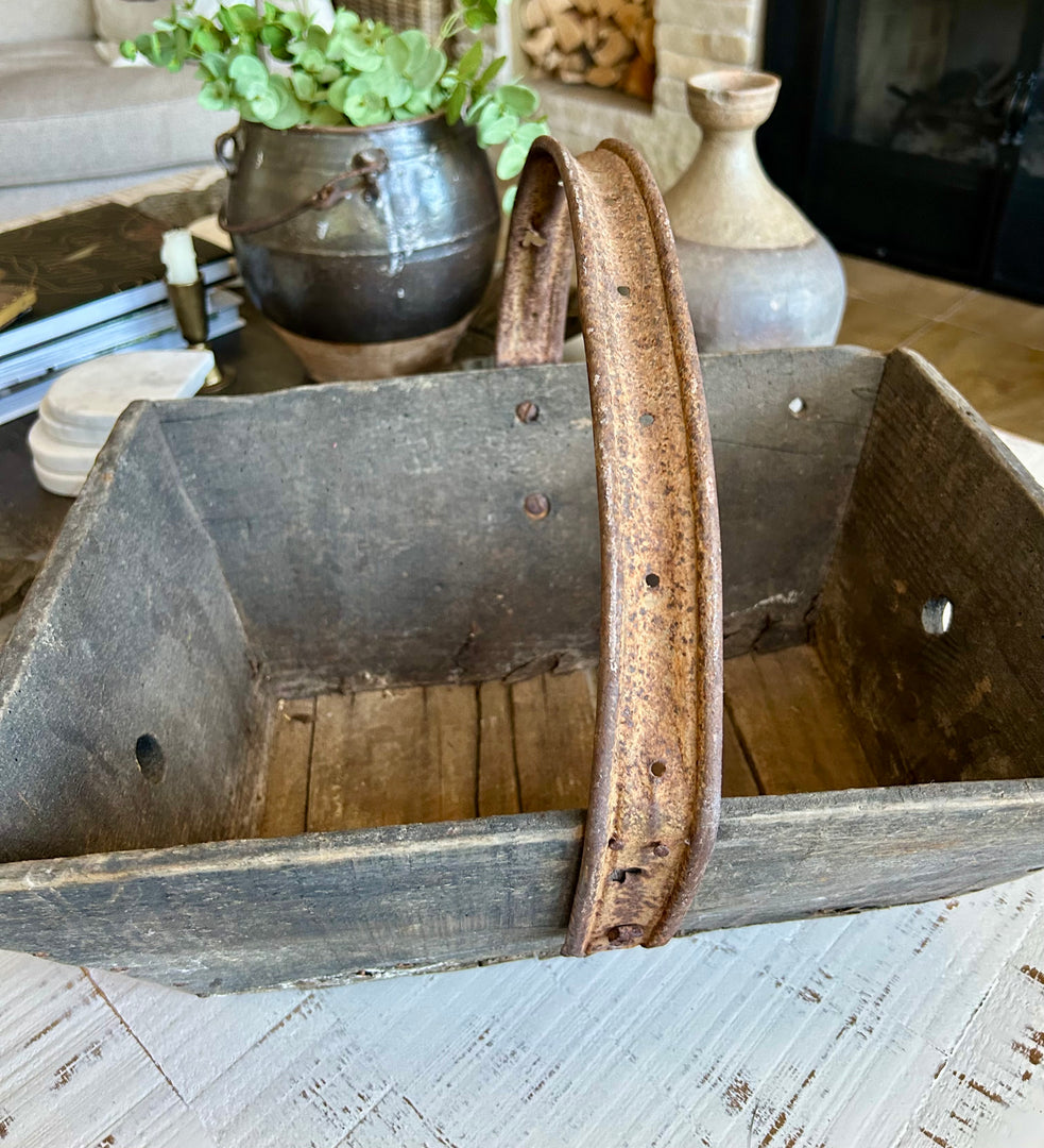 Antique wooden French trug with iron handle
