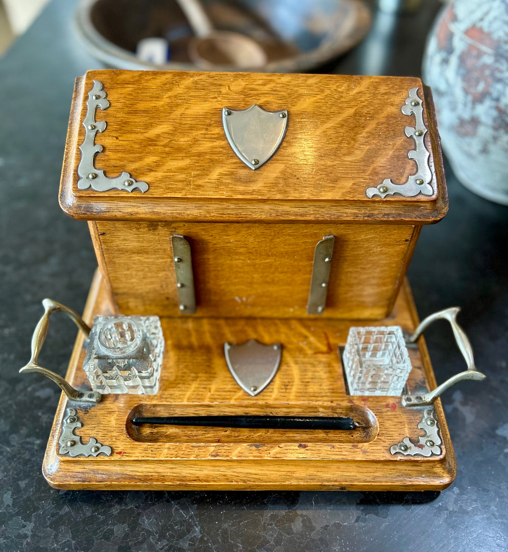 Antique oak writing slope & inkwell set