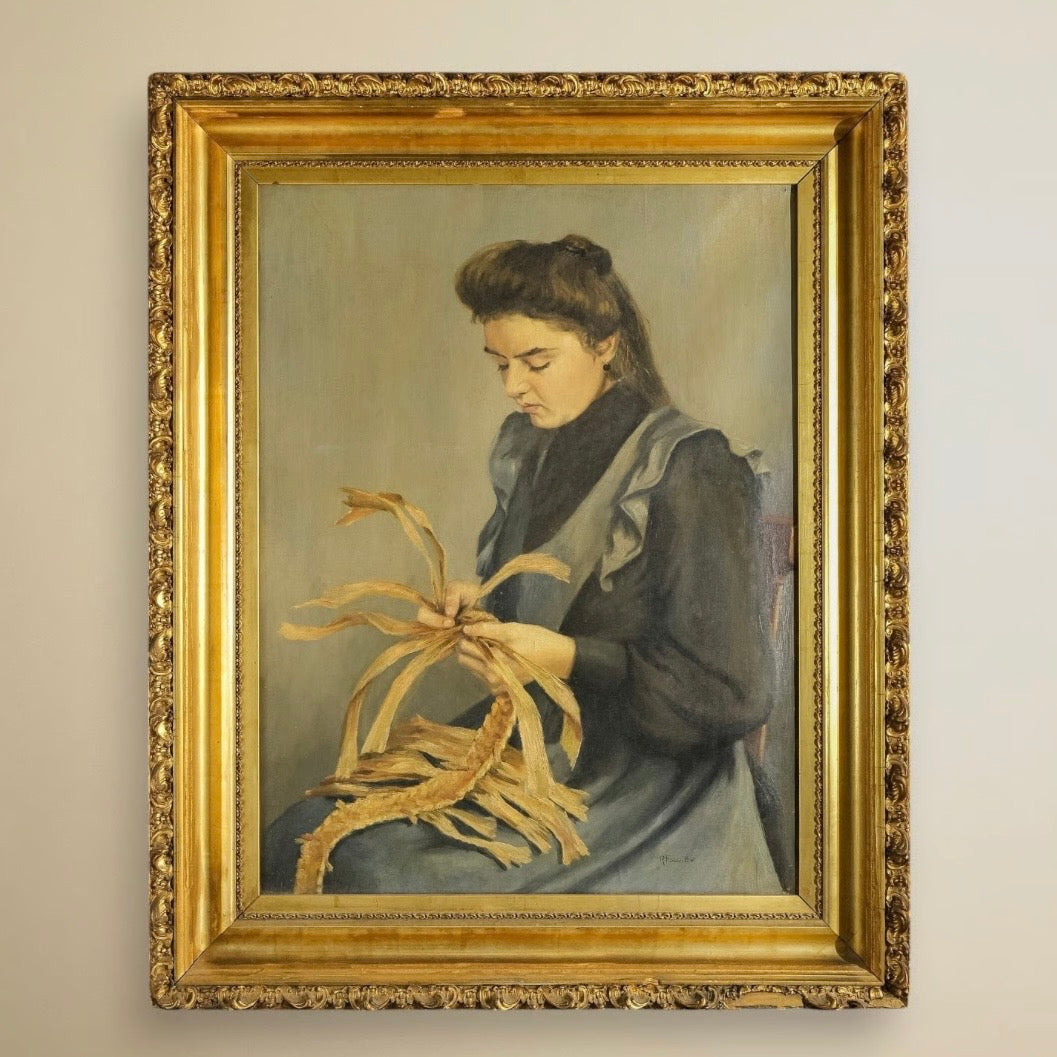 Early 20th Century Belgian Oil Painting of Basket Weaver by Robert Folville (1883–1954)