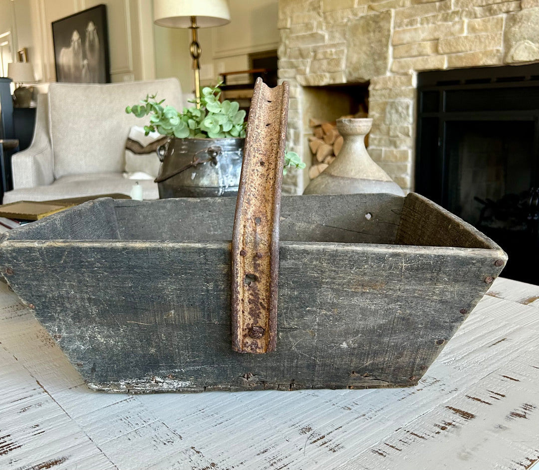 Antique wooden French trug with iron handle