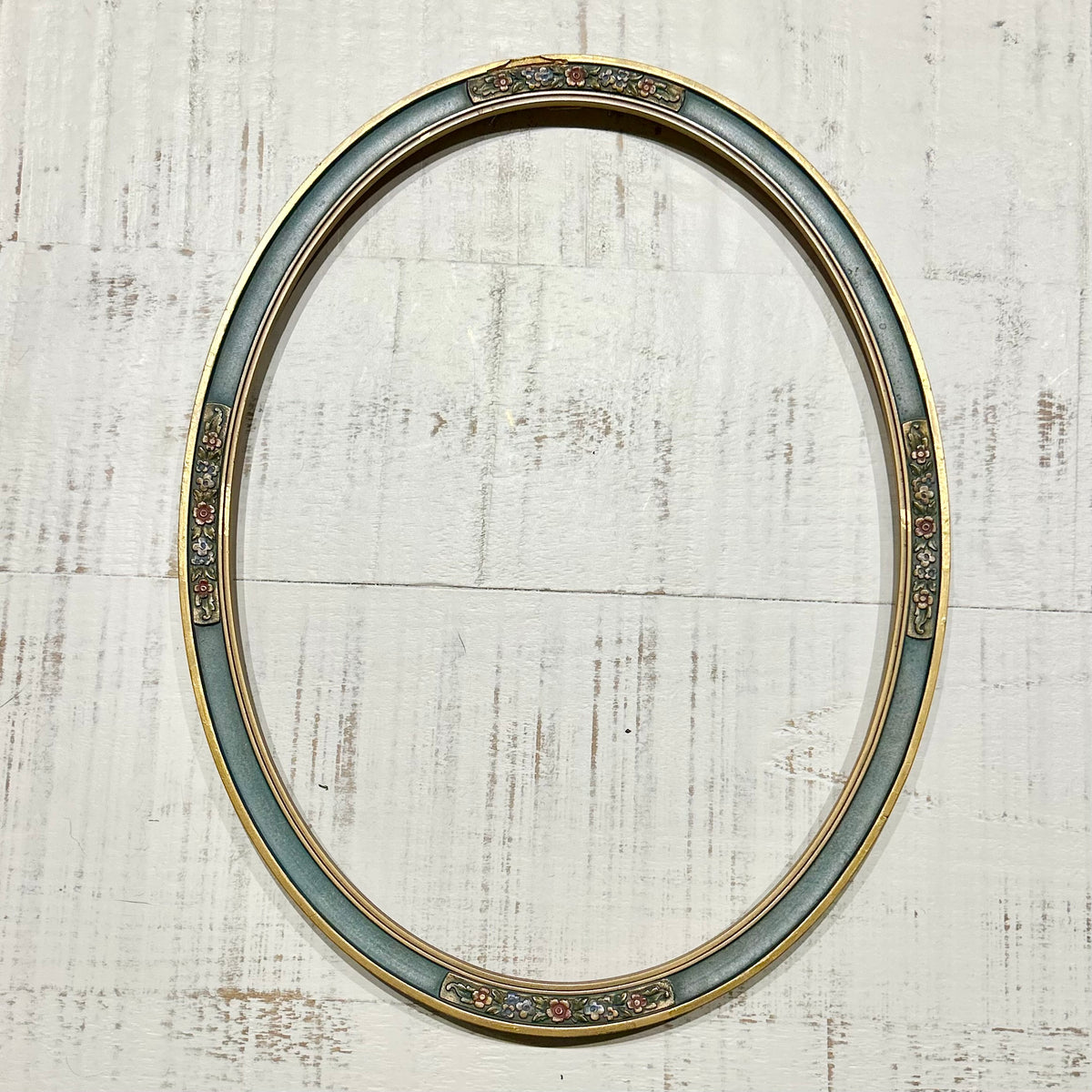 Antique Oval Painted Frame — Blue & Gilt with Floral Cartouches