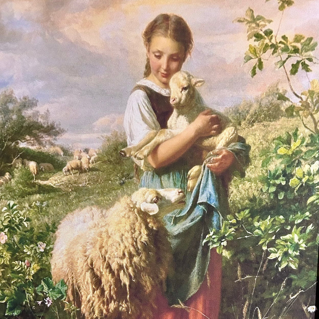 A Girl and Her Sheep in custom ornate wood frame
