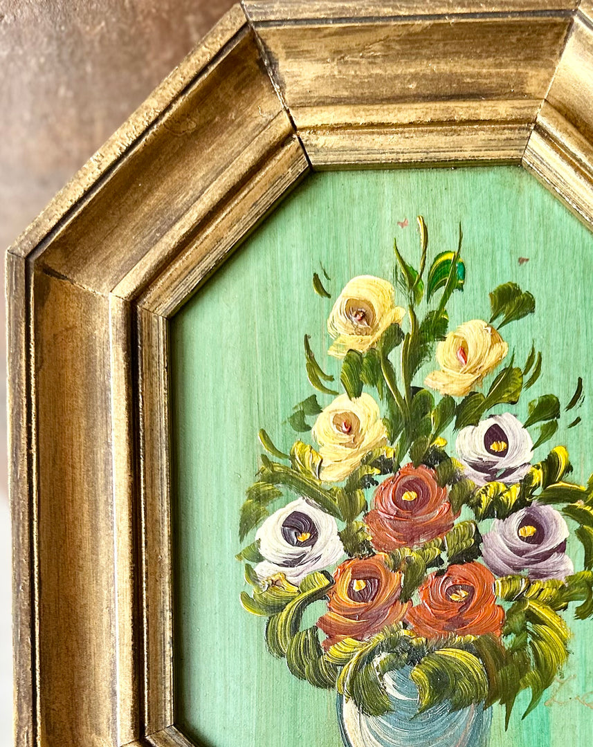 Bouquet sur Vert-French vintage oil on Board