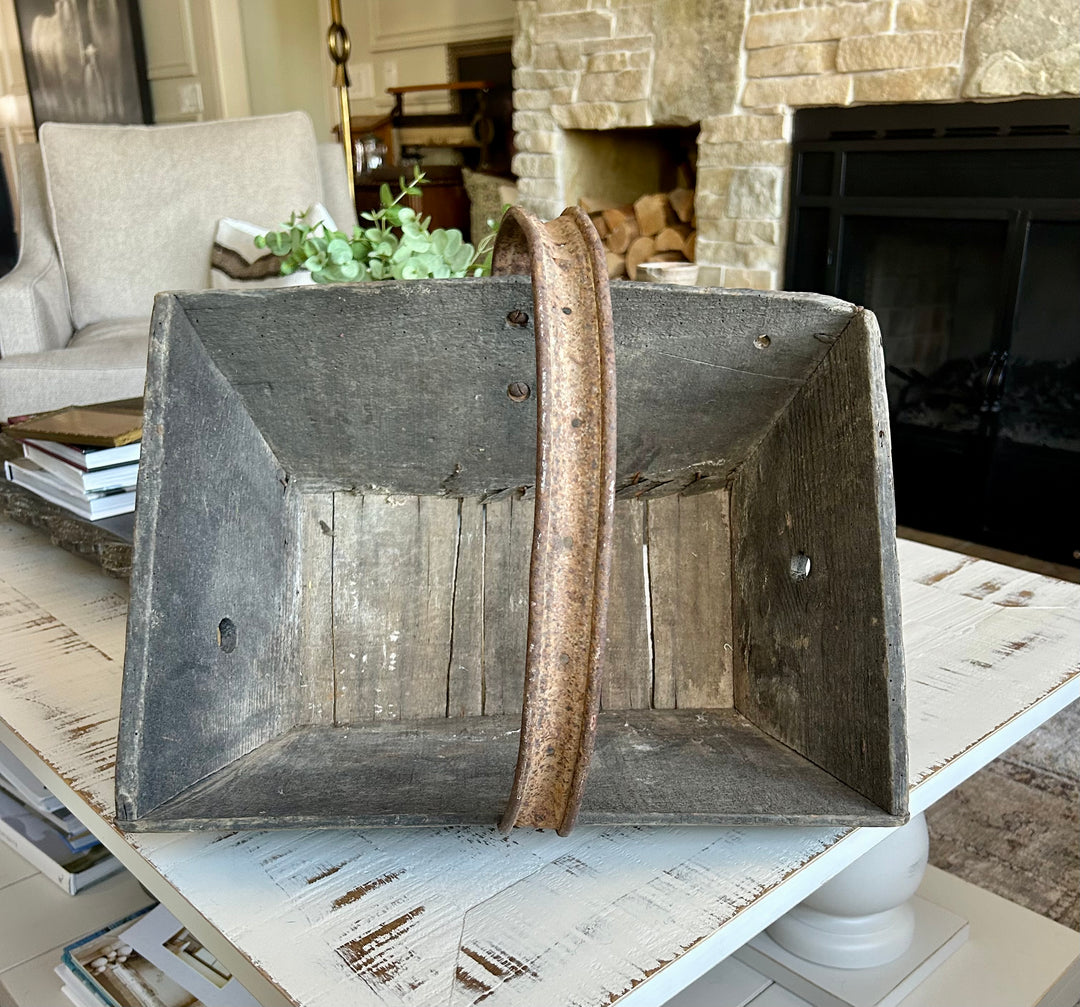 Antique wooden French trug with iron handle