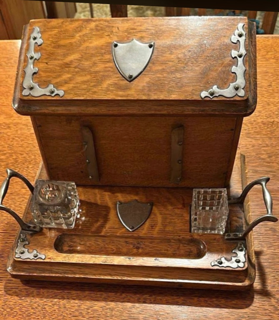 Antique oak writing slope & inkwell set
