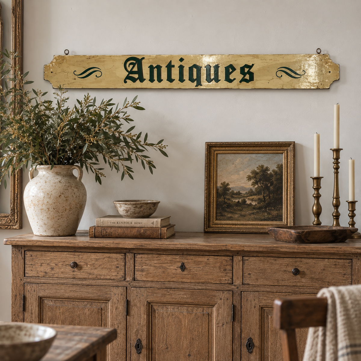 Vintage Hand-Painted “Antiques” Shop Sign - 60”