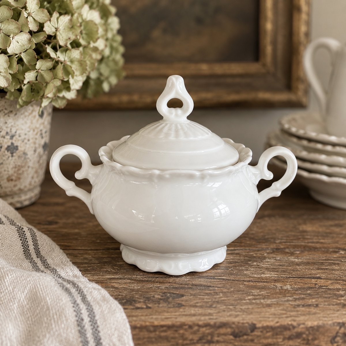 Vintage English White Porcelain Sugar Bowl with Lid