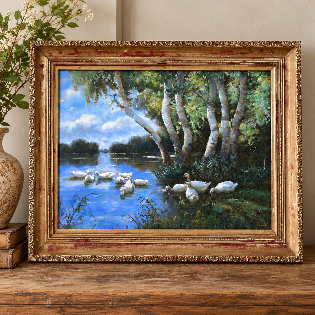 Vintage Original Oil Painting – Ducks on a Pond, Signed J. King