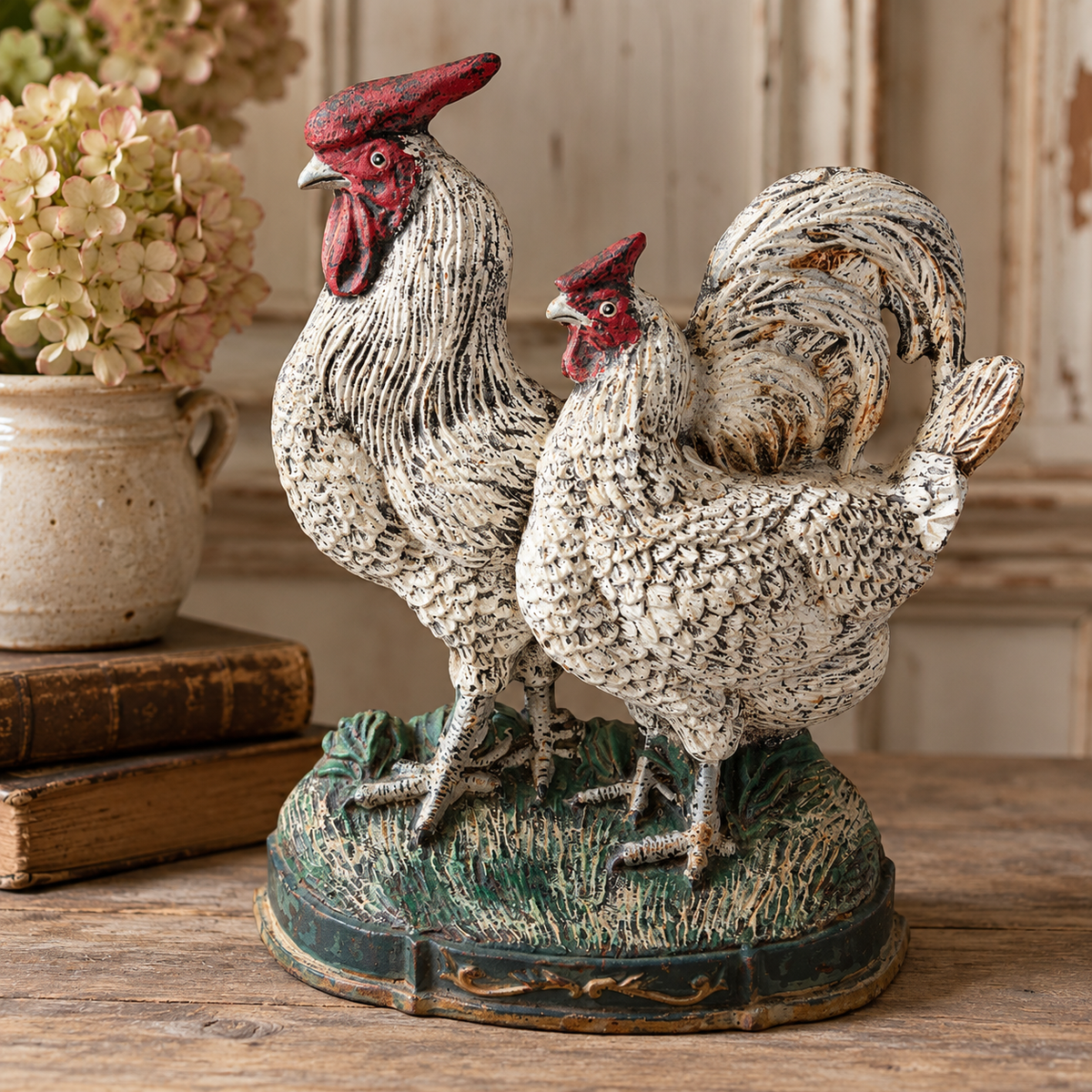 Vintage Cast Iron Rooster & Hen Doorst