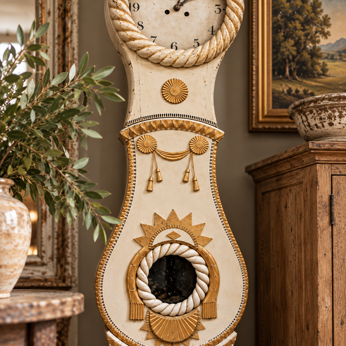 Antique Swedish Mora Clock – Cream & Gilt, c. 1820–1850