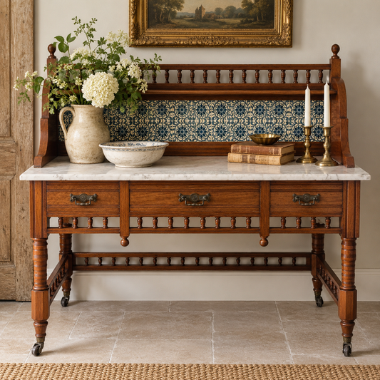 Antique Victorian Marble-Top Washstand with Blue & White Tiles