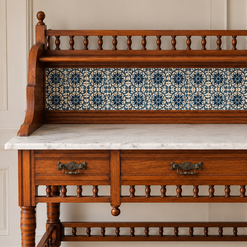 Antique Victorian Marble-Top Washstand with Blue & White Tiles