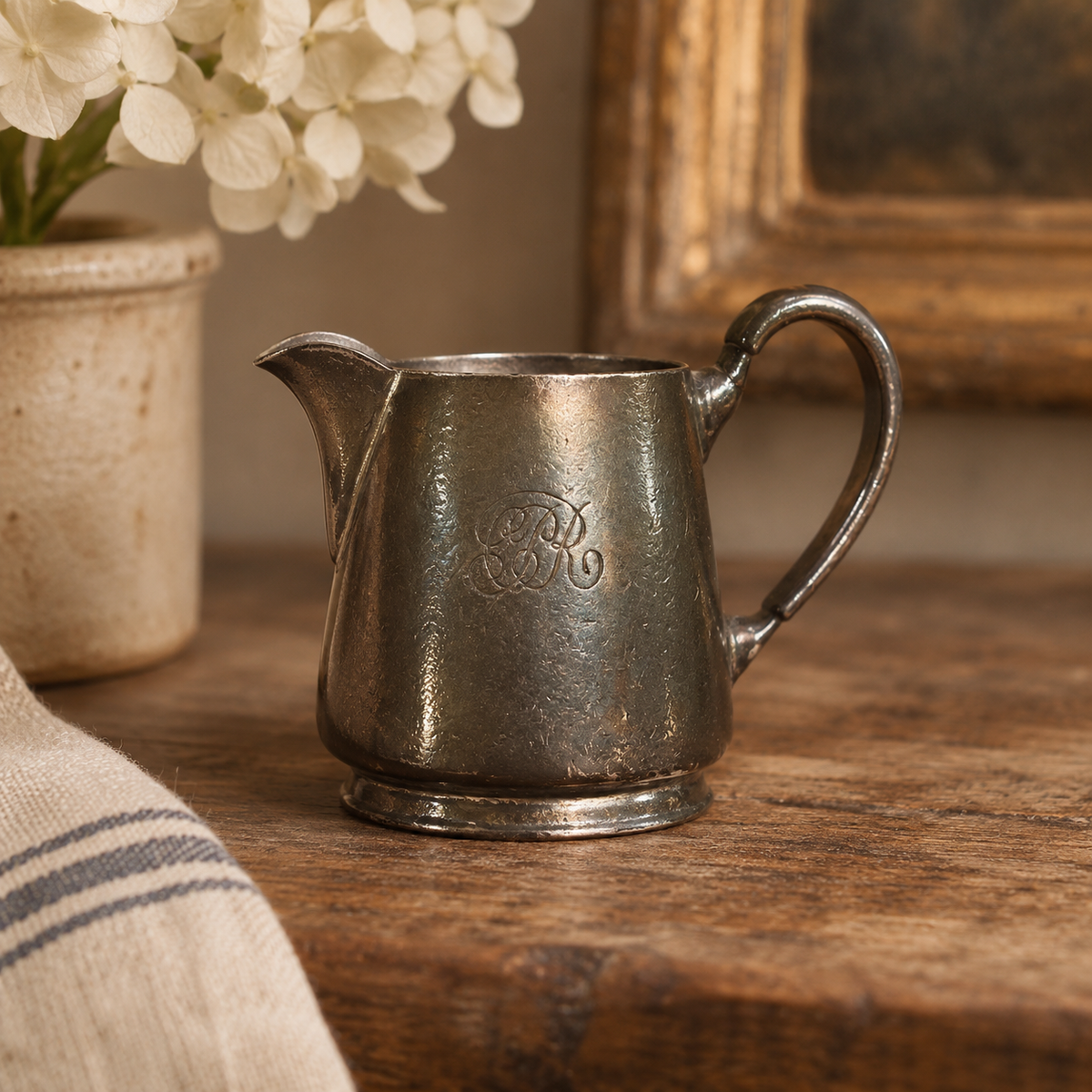 Vintage Silver-Plated Miniature Cream Pitcher | Monogrammed