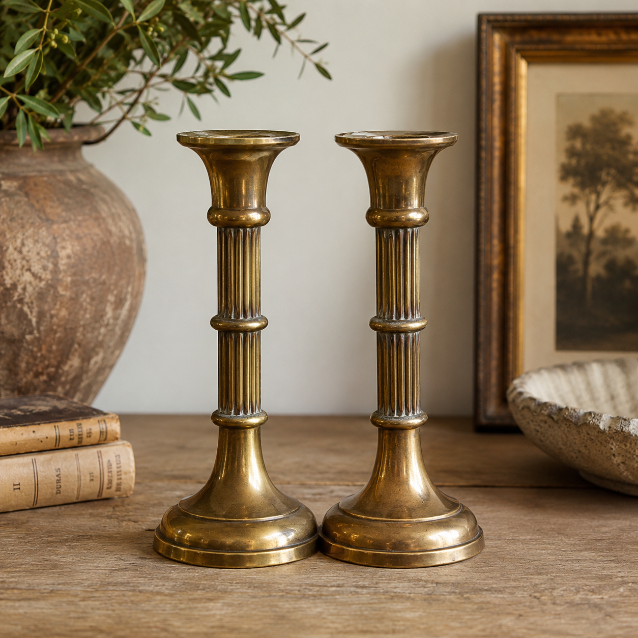 Pair of Vintage Solid Brass Neoclassical Candlesticks