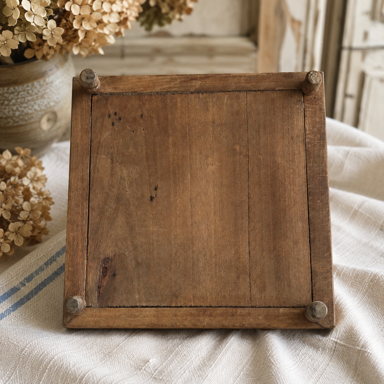 Vintage French Ceramic Tile Trivet with Carved Wooden Stand