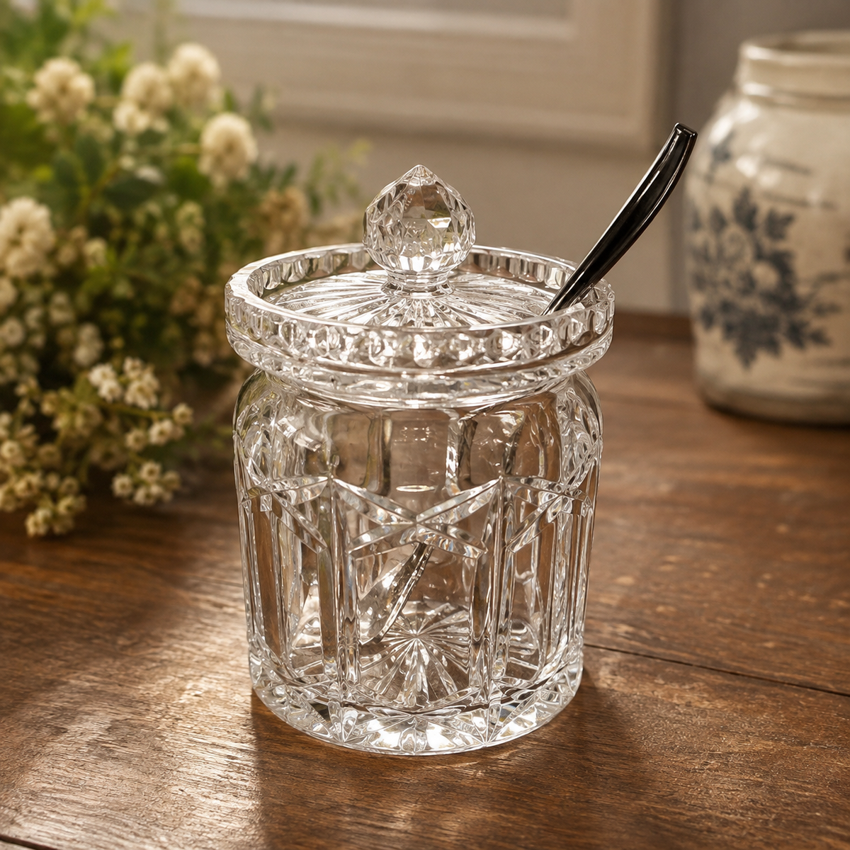 Vintage Cut Crystal Preserve Jar with Lid & Spoon