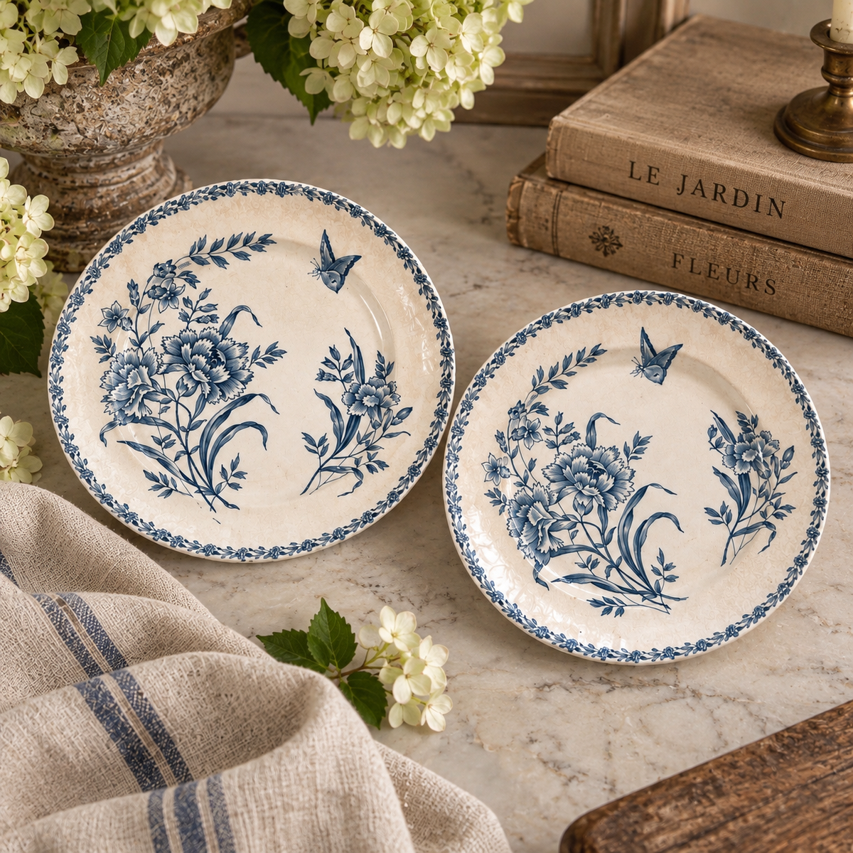 Antique French Blue & White Botanical Transferware Plates — Set of 6