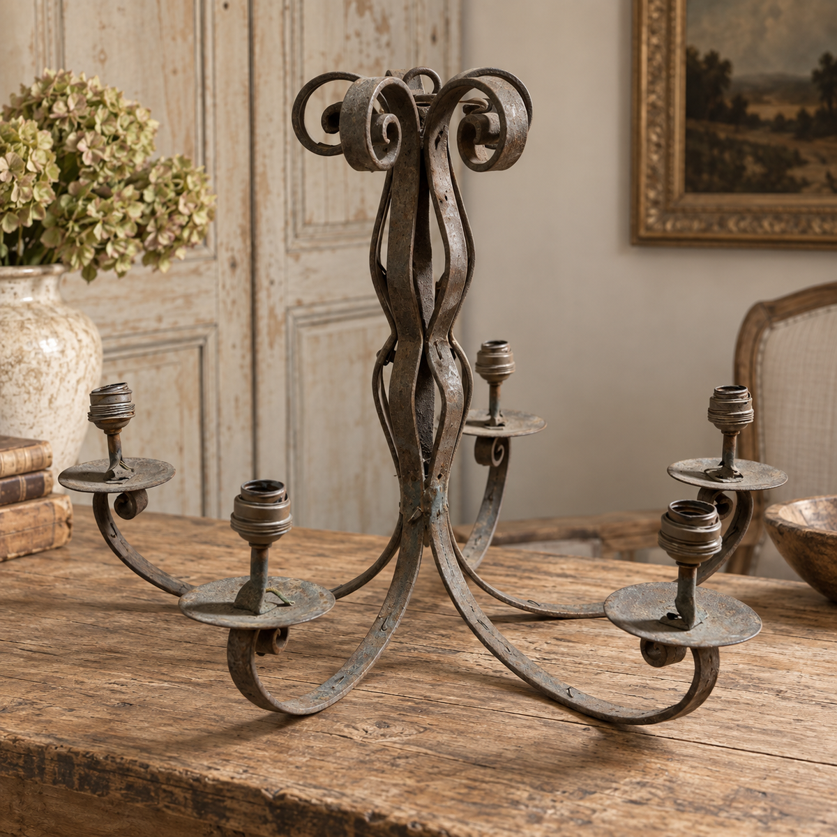 Early 20th Century Wrought Iron Five-Arm Chandelier