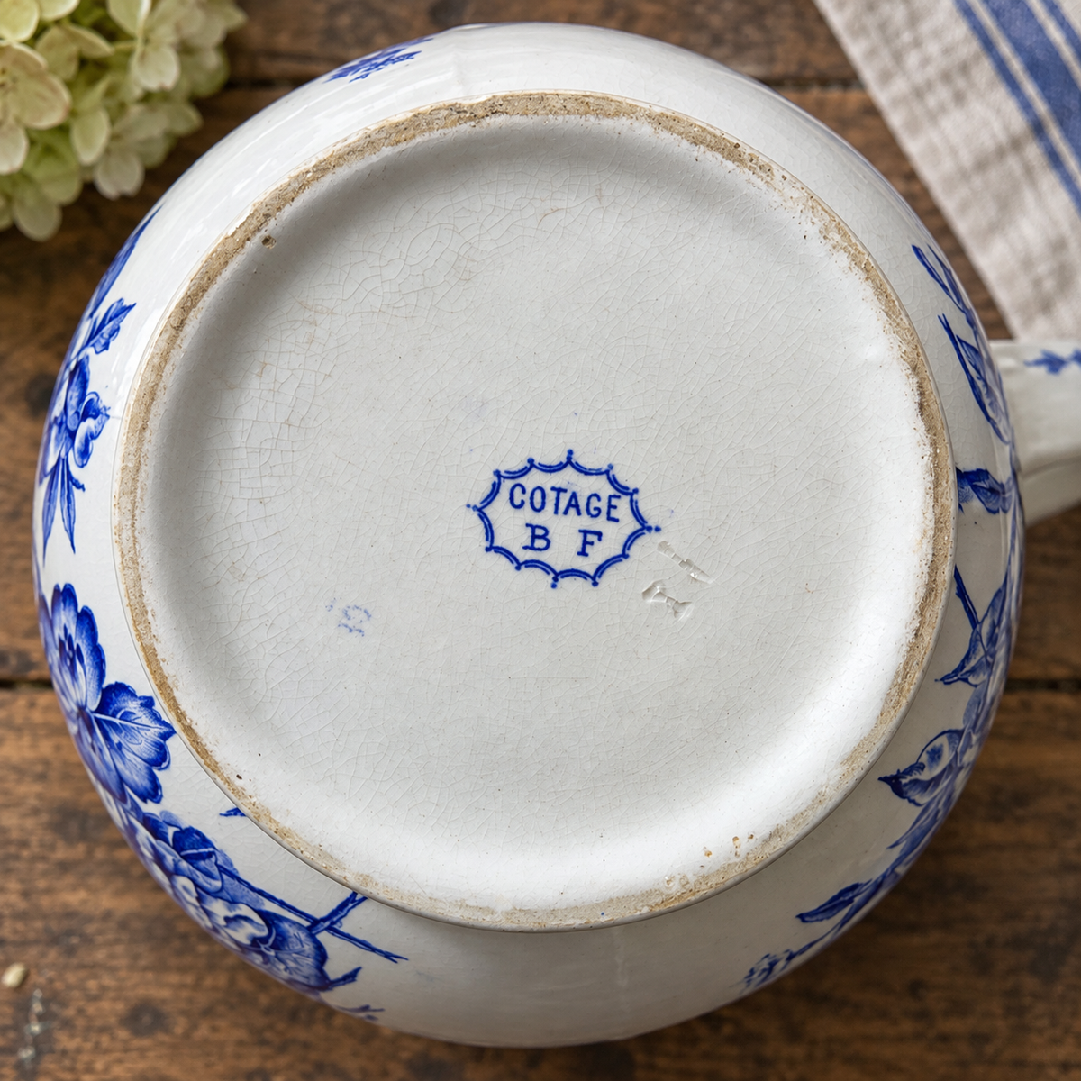 Antique Boch Frères “Cotage” Blue & White Pitcher