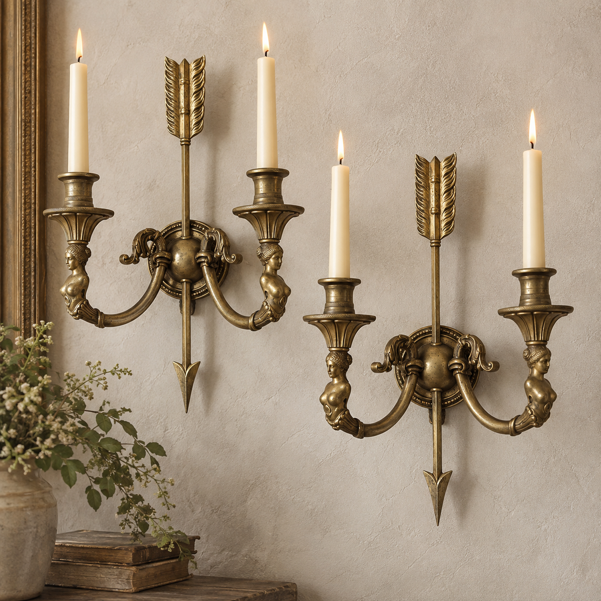 Pair of Early 20th Century Brass Caryatid Candle Wall Sconces