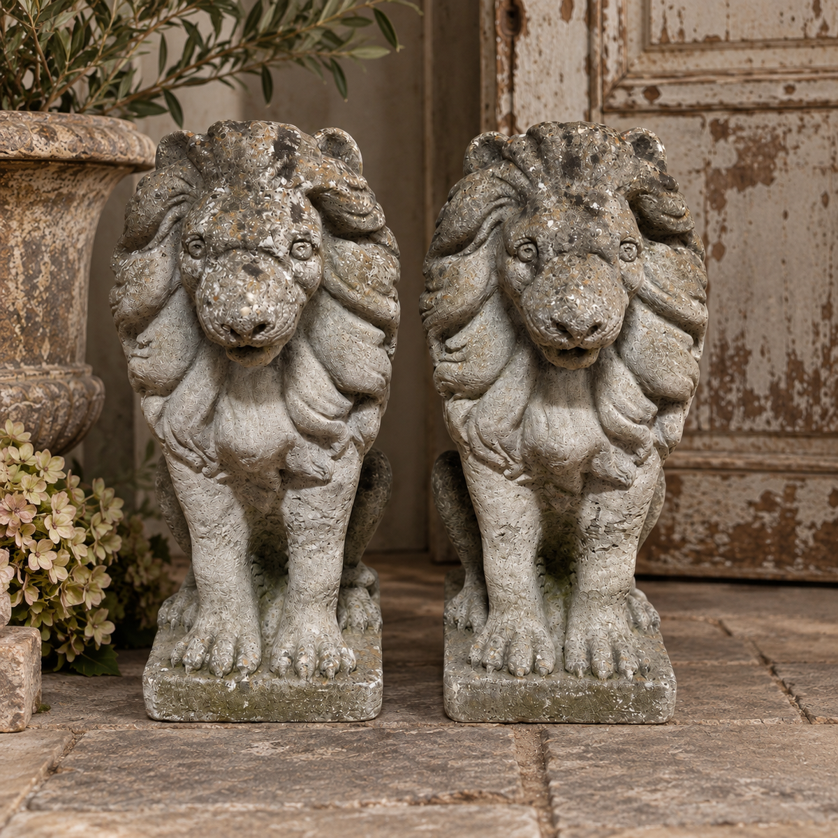Pair of Vintage Cast Stone Garden Lions, c. Mid-20th Century