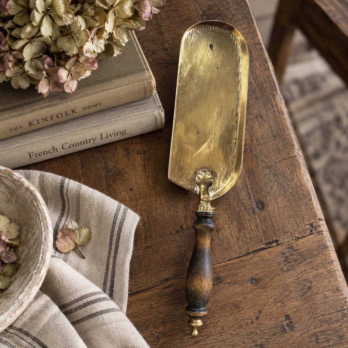 Antique Brass Crumb Tray with Turned Wood Handle | c.1900