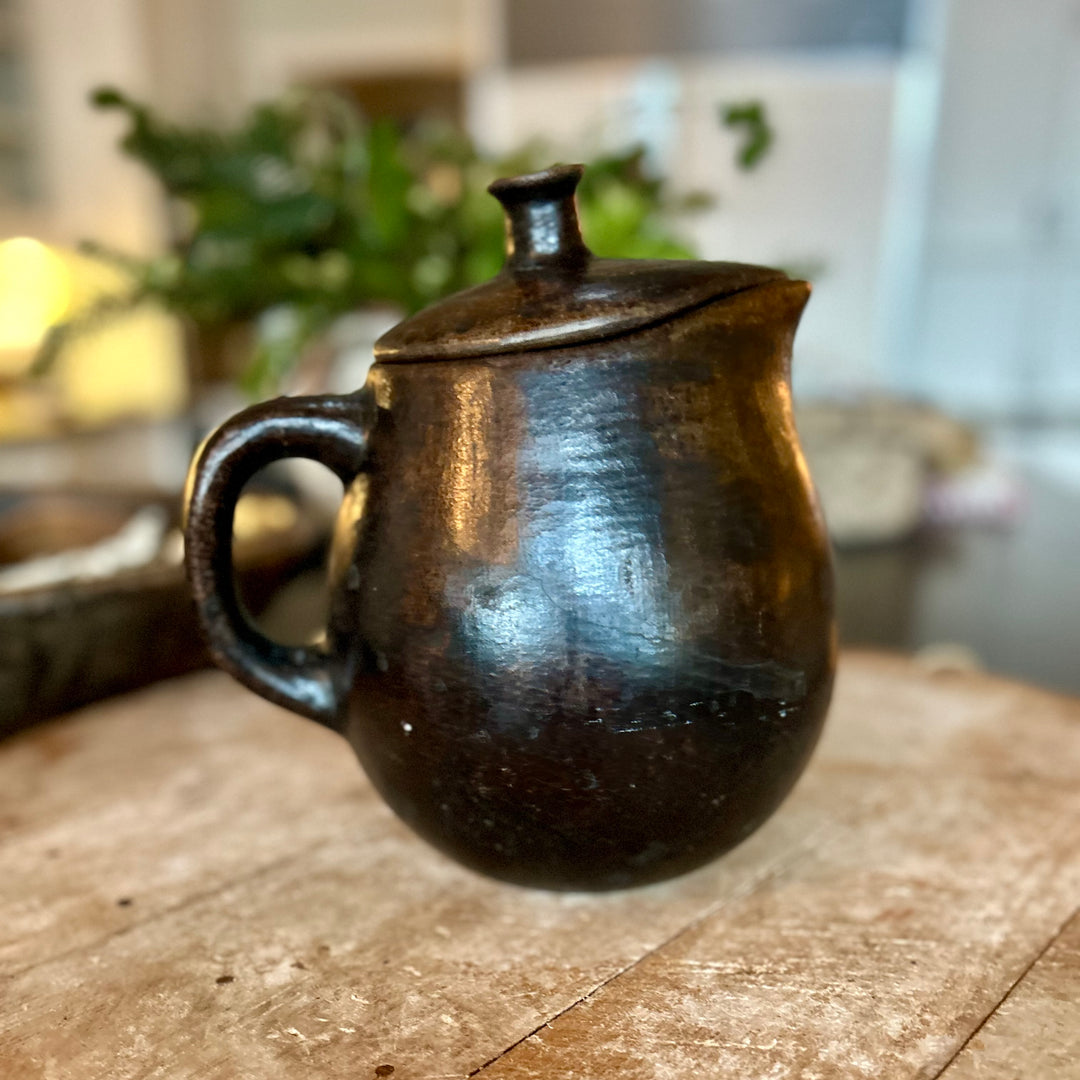 Hand-Thrown Black Pottery Pitcher (Lidded)