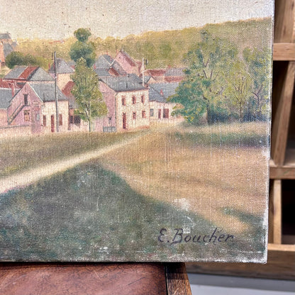 Antique French Village Landscape Oil Painting, Signed E. Boucher