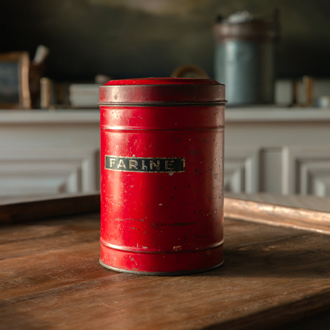 Vintage French “Farine” Tin — Red Kitchen Canister