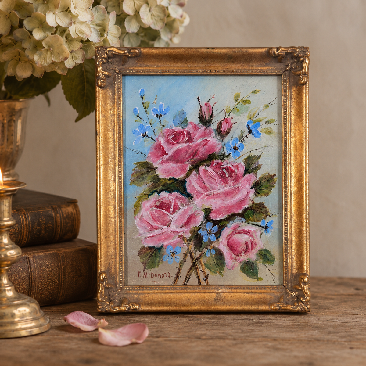 Vintage Floral Oil Painting in Ornate Gold Frame