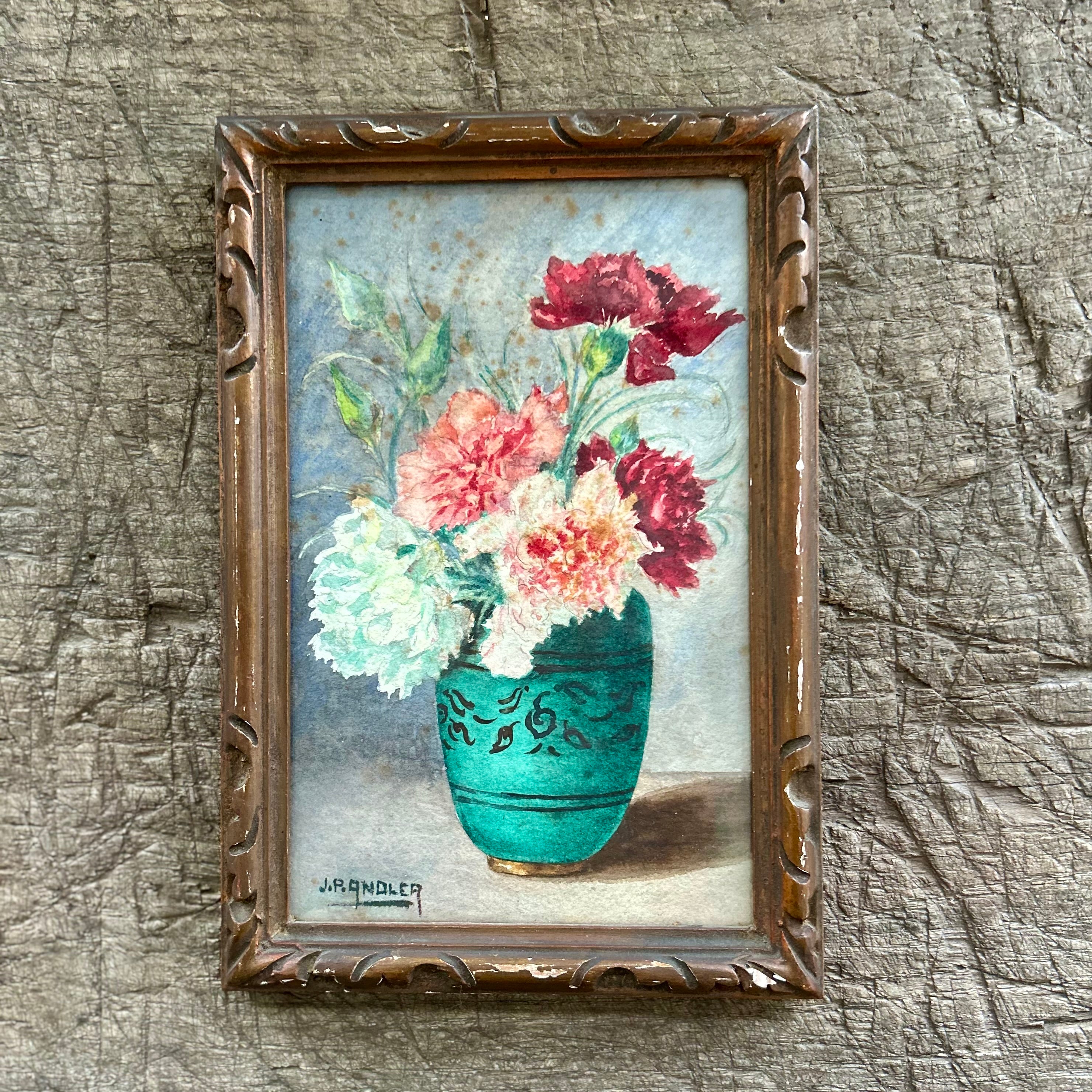 Vintage Floral Still Life in Teal Vase