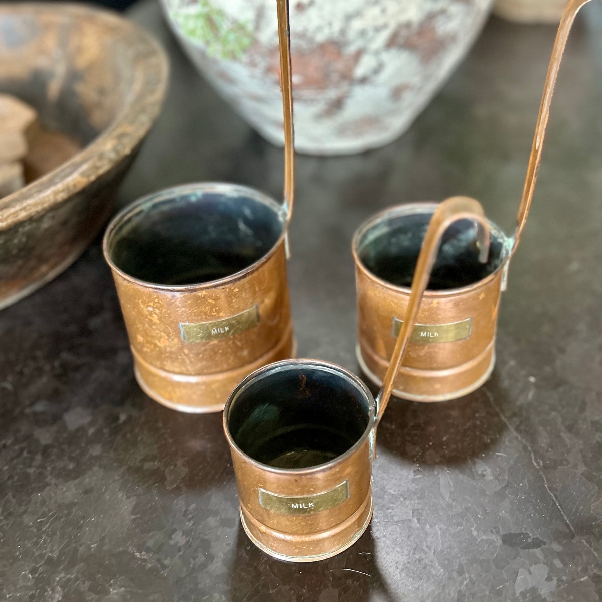 Vintage Copper Hanging Milk Measure Set (3) | European Kitchen Utility