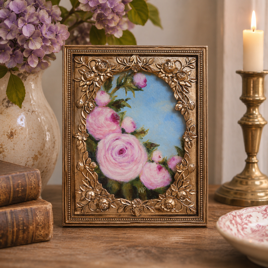 Original Pink Roses Painting by Nadia Pajak | Ornate Gold Floral Frame
